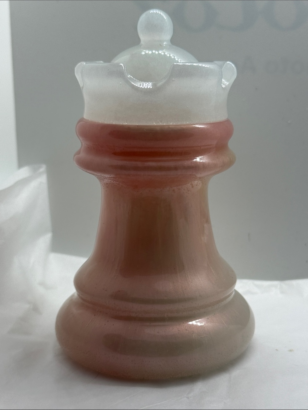 Iridescent Pink Resin Vase with White Crown Rim
